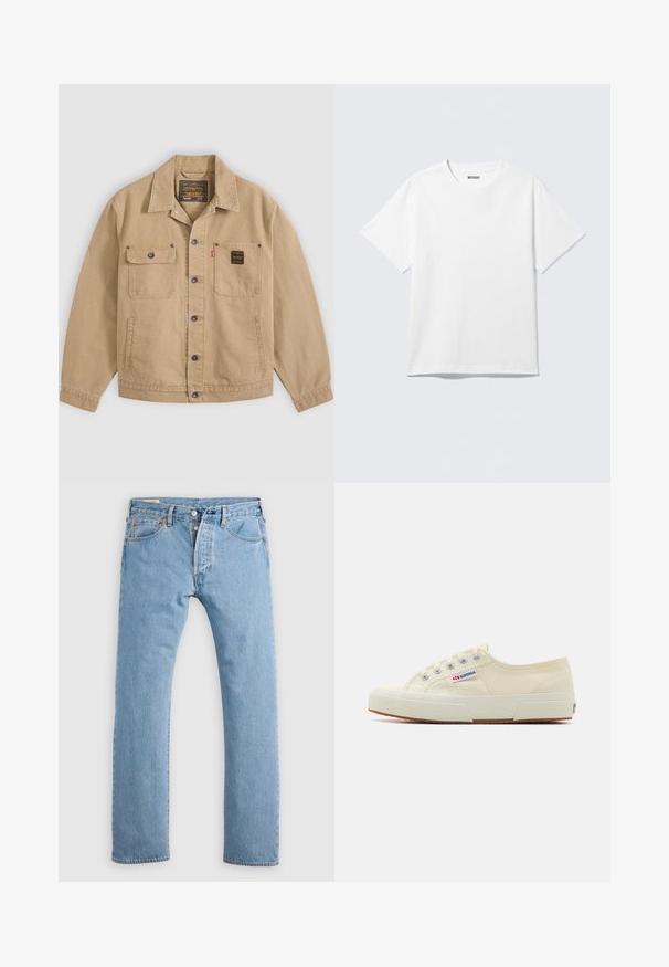 Beige jas met knopen en kraag, twee borstzakken – één met klep en knoop, de andere met een zwart label – en zijzakken.; Witte T-shirt met korte mouwen en ronde hals, plat gelegd, effen ontwerp, met een "WEEKDAY" label in de kraag op een lichte achtergrond.; Lichtblauwe rechte spijkerbroek met knoopsluiting, riemlussen en voor- en achterzakken, weergegeven op een witte achtergrond.; Beige canvas sneaker met een laag profiel, metalen oogjes en rubberen zool. Beschikt over een textuurpatroon en logodetail aan de zijkant.