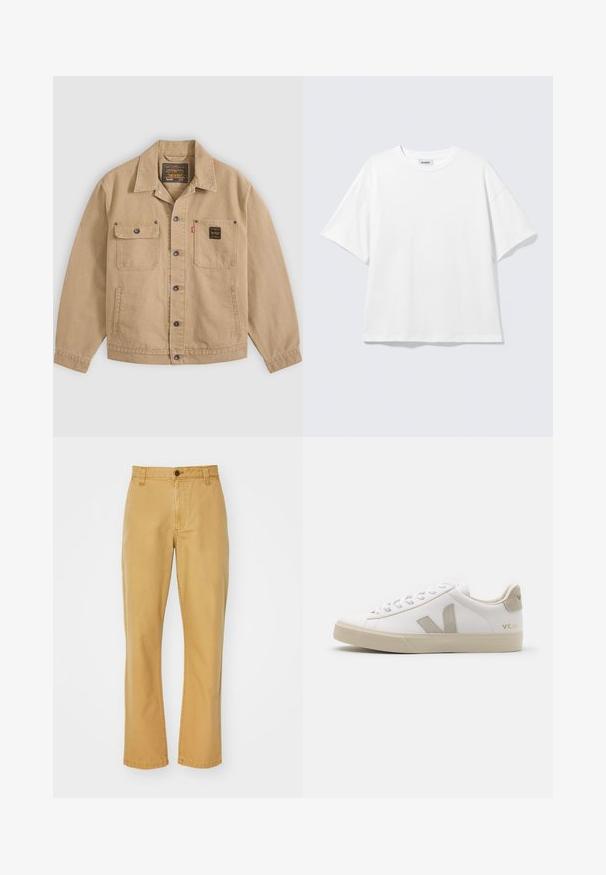 Beige knöpfbare Jacke mit Kragen, zwei Brusttaschen – eine mit Klappe und Knopf, die andere mit einem schwarzen Etikett – und Seitentaschen.; Weißes oversized T-Shirt mit kurzen Ärmeln und Rundhalsausschnitt mit eingesetzten Schultern, flach auf hellgrauem Hintergrund.; Beige Baumwoll-Chinos mit geradem Schnitt, ausgestattet mit einem Knopfverschluss, Gürtelschlaufen und genähten Details am Saum.; Weiße Ledersneaker mit beigen Akzenten, flacher Gummisohle, runder Zehenpartie und kontrastierendem Logo an der Seite und Rückseite. Mit Schnürdesign.
