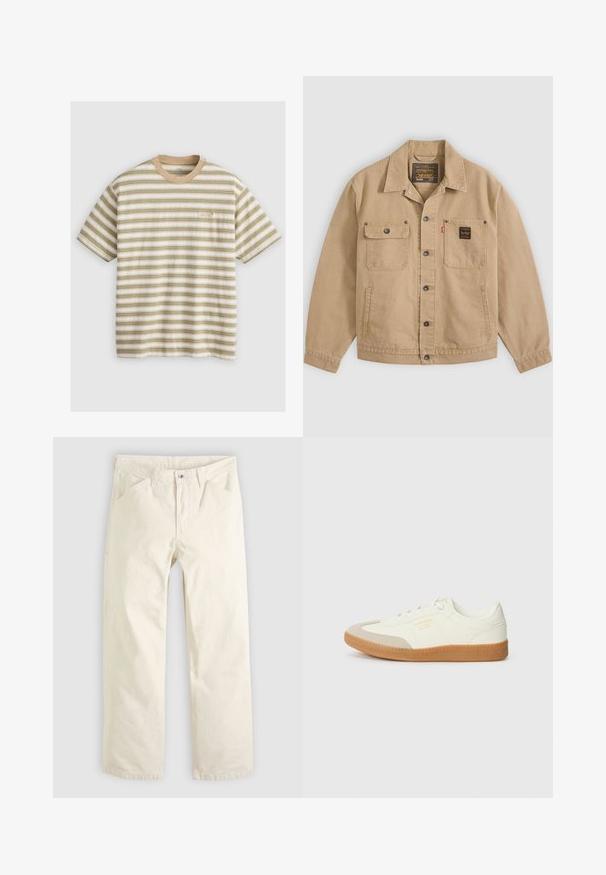 Chaqueta beige abotonada con cuello, dos bolsillos en el pecho: uno con solapa y botón, el otro con una etiqueta negra, y bolsillos laterales.; Camiseta de manga corta a rayas en beige y verde, con rayas horizontales, un escote redondo y un sutil logo de Levi's en la parte delantera.; Pantalones de algodón color beige claro con un corte relajado, piernas rectas y bolsillos delanteros. Presentan un cierre con botón y un diseño sencillo y limpio.; Zapatilla de cuero blanca con puntera beige y suela de goma marrón claro. Presenta cordones planos blancos y una marca en relieve en el lateral.