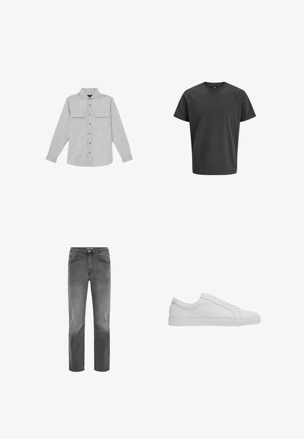 Lichtgrijs overhemd met lange mouwen, knopen, kraag en twee borstzakken met klep.; Donkergrijze katoenen T-shirt met een ronde hals, korte mouwen en een relaxte pasvorm. Bevat een klein logo nabij de onderrand. Gladde textuur.; Rechtoe-rechtaan mannenjeans in vervaagd zwart denim met knoop- en ritssluiting, voor- en achterzakken, en riemlussen.; Reiss REGULAR FIT - LUCA TUMBLED - Sneakers laag - white