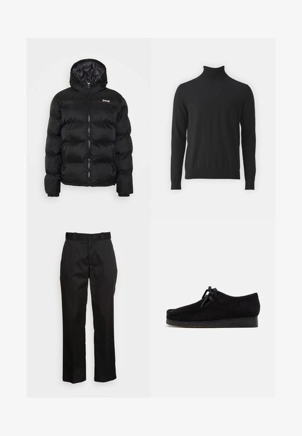 Schott Winterjacke - black; Schwarzer Rollkragenpullover aus weichem Stoff, mit langen Ärmeln und geripptem Kragen, glatter Textur und figurbetontem Design.; Schwarze Hose aus einem glatten Stoff, mit einem geraden Bein Design, Gürtelschlaufen und zwei Seiten Taschen. Klassischer Look ohne Verzierungen.; Schwarze Wildlederschuhe mit rundem Zehendesign, einer Schnürfront und einer strukturierten schwarzen Gummisohle. Glattes Obermaterial mit dezenten Nahtdetails.