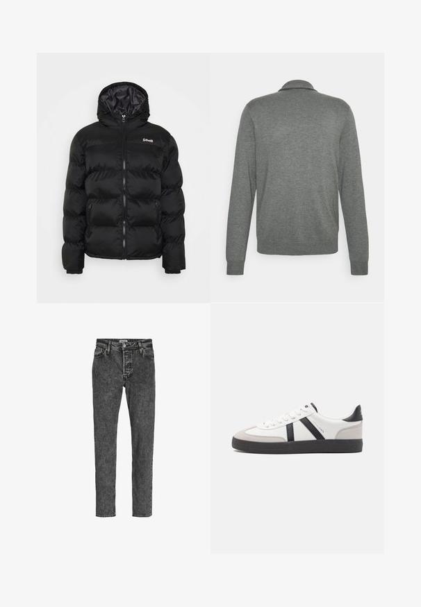 Schott Veste d'hiver - black; Pull gris à manches longues avec une texture douce. Il présente un col polo et des poignets côtelés, offrant un design simple et classique.; Jack & Jones Relaxed Fit JJICHRIS JJORIGINAL SQ 734 - Jeans fuselé - black denim; Baskets blanches avec des accents noirs et gris, présentant un embout texturé gris, une semelle en caoutchouc noir et des lacets plats blancs. Design épuré, style minimaliste.
