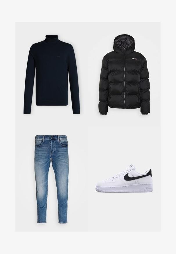 Schott Zimná bunda - black; Čierny rolák s dlhými rukávmi a rebrovaným golierom, manžetami a lemom, zobrazený na jednoduchom bielom pozadí.; Slim-fit modré denimové džínsy s prednými vreckami, pútkami na opasok, zapínaním na gombík a vyblednutím na stehne a kolenách.; Biele kožené tenisky s textúrovaným čiernym Swooshom, plochými šnúrkami a gumovou podrážkou s ryhovaným vzorom. Na päte je embosovaný nápis "AIR".