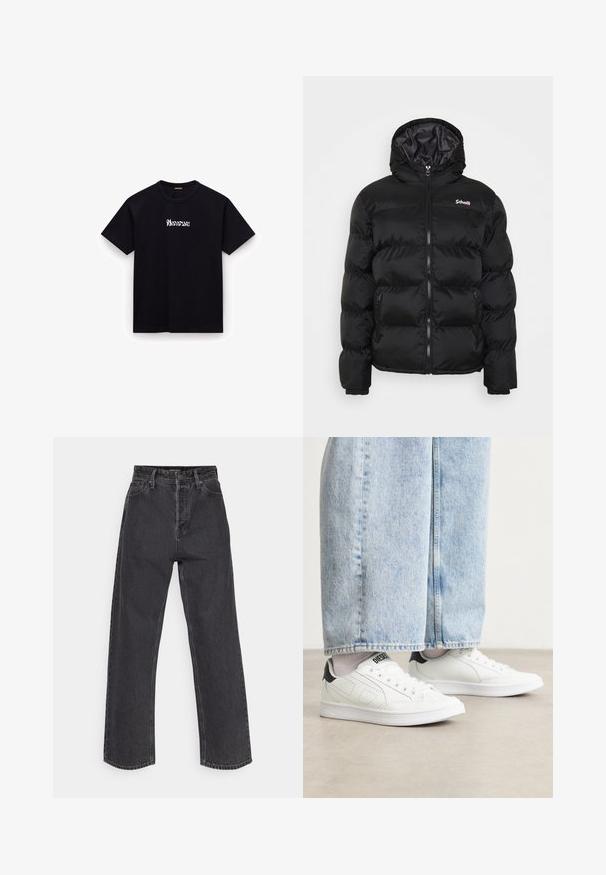 Schott Winterjacke - black; Schwarzes Baumwoll-T-Shirt mit Rundhalsausschnitt, kurzen Ärmeln und einem stilisierten weißen Textlogo auf der Brust. Glatte Textur, lässige Passform.; Hochtaillierte, gerade Jeans aus dunkelgrauem Denim, mit einem klassischen Fünf-Taschen-Design und kontrastierenden Nähten an den Säumen.; Weiße Sneaker mit einer glatten Ledertextur, schwarzen Fersenakzenten und perforierten Details. Kombiniert mit hellblauen, weiten Jeanshosen.