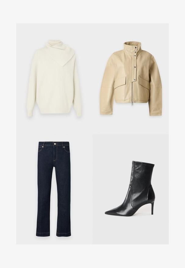 Veste en cuir beige clair avec col montant, fermeture éclair à l'avant, boutons-pression et deux grandes poches à rabat sur le devant.; Pull en tricot côtelé crème avec un col asymétrique drapé et des manches longues, offrant une coupe décontractée et une texture douce.; Jean en denim bleu foncé à jambes droites avec bouton à l'avant, braguette zippée et coutures orange sur fond blanc.; Bottes noires à la cheville en cuir lisse, dotées d'un bout pointu, d'un tige ajustée et d'un talon haut fin. Design minimaliste sans quincaillerie visible.