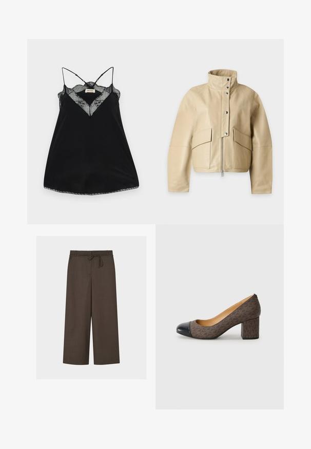 Veste en cuir beige clair avec col montant, fermeture éclair à l'avant, boutons-pression et deux grandes poches à rabat sur le devant.; Camisole noire avec des bretelles réglables, dotée d'un décolleté en dentelle plongeant et de bords festonnés. Tissu lisse avec un léger éclat.; Pantalon marron à jambes larges avec passants de ceinture et nœud à nouer à la taille, en tissu léger, présenté à plat.; Escarpin à talon haut marron à motifs avec un bout rond noir et un talon carré, présentant une texture lisse semblable à du cuir.