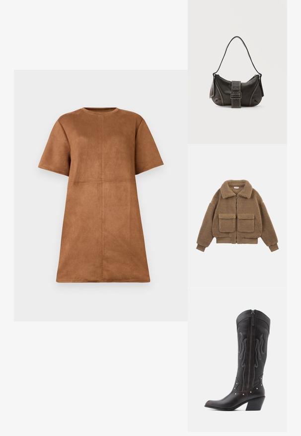 Chaqueta de forro polar de teddy marrón con grandes bolsillos delanteros, cremallera completa, cuello ancho y puños y dobladillo acanalados.; Vestido corto de ante marrón con mangas cortas, escote de barco y detalles de costura vertical y horizontal en el frente.; Botas de cowboy de cuero marrón con costuras en forma de llama, cremallera lateral, tachuelas plateadas, punta puntiaguda y tacón apilado.; Bolso de hombro de cuero negro con detalle de correa con hebilla, bordes curvos y costuras blancas en contraste sobre un fondo liso.