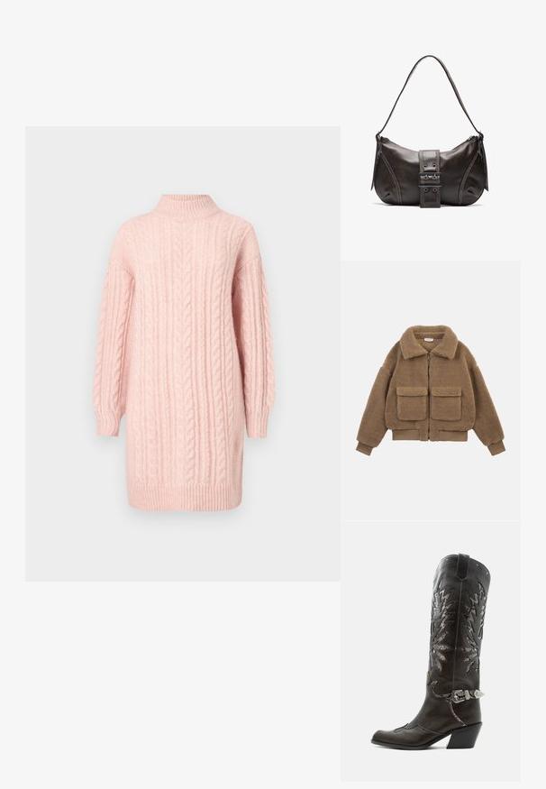 Καφέ fleece μπουφάν teddy με μεγάλες μπροστινές τσέπες, πλήρες φερμουάρ, φαρδιά γιακά και ριμπ μανσέτες και τελείωμα.; Μαλακό ροζ φόρεμα από καλώδιο πλέξης με μακριά μανίκια και ριμπ λαιμόκοψη, στρίφωμα και μανίκια σε άσπρο φόντο.; Μαύρη δερμάτινη καουμπόικη μπότα με διακοσμητικές περικοπές, ασημένια πόρπη και κεκλιμένο τακούνι, εμφανιζόμενη σε λευκό φόντο.; Καφέ δερμάτινη τσάντα ώμου με καμπύλη μορφή, που διαθέτει έντονη διάκοσμηση από κούμπωμα, αντίθετη ραφή και μία μόνο λουρί ώμου.