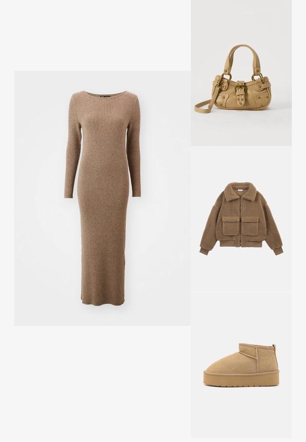 Chaqueta de forro polar de teddy marrón con grandes bolsillos delanteros, cremallera completa, cuello ancho y puños y dobladillo acanalados.; Vestido de manga larga de canalé en un cálido color marrón, con un escote redondo y un diseño ajustado que llega hasta los tobillos.; Botines de ante beige con punta redondeada, costuras mínimas y suela de goma marrón claro con un patrón texturizado.; Bolso de cuero beige con doble asa, hebilla y remaches de latón, y una correa de hombro ajustable sobre un fondo blanco.