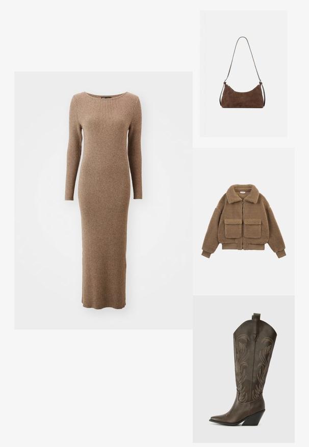 Braune Teddy-Fleecejacke mit großen Fronttaschen, durchgehendem Reißverschluss, weitem Kragen sowie gerippten Bündchen und Saum.; Langärmliges, geripptes Kleid in einem warmen Braunton, mit rundem Ausschnitt und taillierter Passform, das bis zu den Knöcheln reicht.; Braune Leder-Cowboystiefel mit einer spitzen Zehe, Wedge-Absatz und dekorativer Stickerei. Besitzt einen hohen Schaft und eine Zuglasche.; Braune Wildleder-Umhängetasche mit gebogenem oberen Reißverschluss und dünnem verstellbarem Riemen, dargestellt vor einem schlichten hellen Hintergrund.