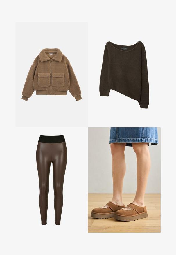 Brun bjørnefleecejakke med store frontlommer, fuld lynlås, bred krave og ribbede manchetter og kant.; Brun, løst strikket sweater med en asymmetrisk kant og bred halsudskæring. Blød tekstur med ribbede manchetter og et mærke på den indvendige halsudskæring.; Brune faux læder leggings med en høj sort talje, der har en glat, blank finish og en tætsiddende design til anklerne.; Brune ruskindsplatformsko med en rund tå, udskæringer og en solid sål, ledsaget af en denimnederdel i en indstilling med trægulv.