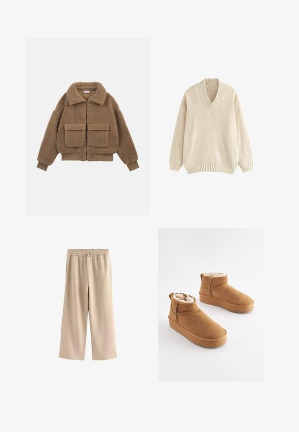 Brun bjørnefleecejakke med store frontlommer, fuld lynlås, bred krave og ribbede manchetter og kant.; Cremefarvet pullover sweater med v-udskæring, ribbet krave og manchetter. Fremstillet af blødt, tekstureret stof med en løs pasform og nedfaldne skuldre.; Cremefarvede breddebenede bukser lavet af blødt bomuldsblandingsstof. Har en elastisk talje med snor og en subtil plettet tekstur.; Lysebrune ankelstøvler i ruskind med imiteret pelsforing, flad platformssål og lynlås i siden for nem påtagning. Har rundet tå og minimal syning.
