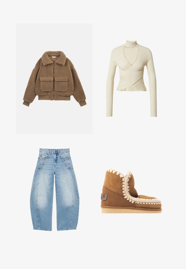 Veste en polaire marron façon ours en peluche avec grandes poches avant, fermeture éclair complète, large col et poignets et ourlet côtelés.; Pull en maille côtelée crème avec un décolleté en V profond et des manches longues. Présente un design enveloppant et un col haut. Texture douce et silhouette ajustée.; Jean en denim bleu clair à jambes larges, taille haute, bouton sur le devant, fermeture éclair et deux poches latérales à rabat.; Bottine en daim marron avec une couture décorative crème le long du bord supérieur et un détail de logo métallique sur le côté extérieur. Semelle plate.