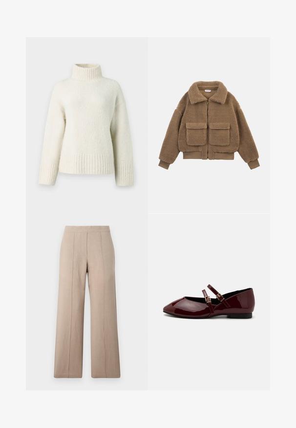 Chaqueta de forro polar de teddy marrón con grandes bolsillos delanteros, cremallera completa, cuello ancho y puños y dobladillo acanalados.; Suéter de punto color crema con cuello alto tipo mock, hombros caídos y puños y dobladillo acanalados. Tejido suave y texturizado que aporta calidez.; Pantalones de pierna ancha en color beige, confeccionados en tejido ligero, con pliegues frontales, una cinturilla suave y un corte recto con dobladillos limpios.; Anna Field Bailarinas con hebilla - dark red