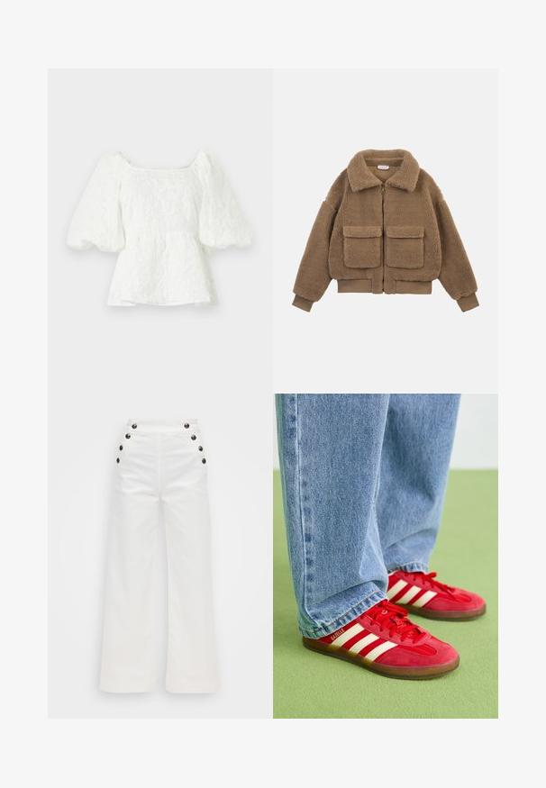 Chaqueta de forro polar de teddy marrón con grandes bolsillos delanteros, cremallera completa, cuello ancho y puños y dobladillo acanalados.; Blusa blanca texturizada con escote cuadrado y mangas abullonadas. Presenta una cintura tipo peplum que exhibe un patrón floral en toda la prenda.; Pantalones blancos de pierna ancha con cintura alta, cinco botones negros en cada lado y textura suave de tela de algodón. Diseño limpio, sin patrones.; Zapatillas de ante rojas con tres rayas blancas, punta redonda y suela texturizada, combinadas con jeans de mezclilla azul claro sobre un fondo verde.