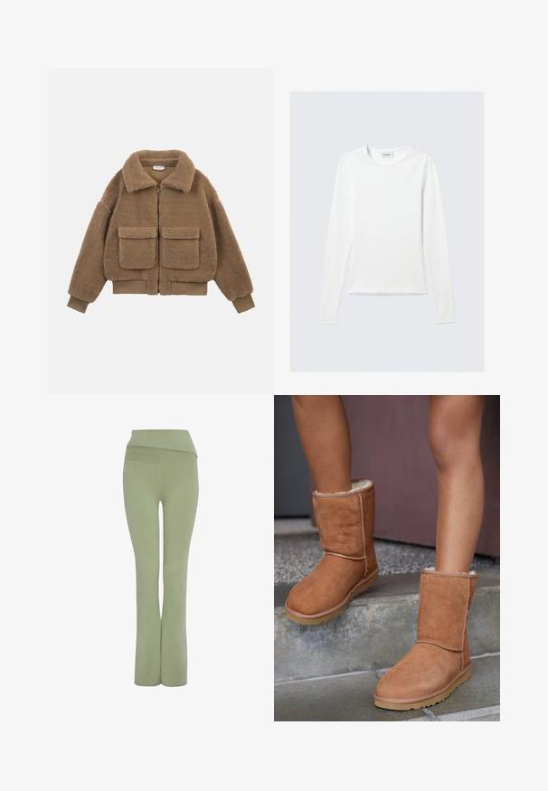 Chaqueta de forro polar de teddy marrón con grandes bolsillos delanteros, cremallera completa, cuello ancho y puños y dobladillo acanalados.; Camiseta blanca lisa de manga larga con cuello redondo y corte ajustado, mostrada sobre un fondo gris claro.; Pantalones ajustados verdes con una cinturilla ancha y un diseño de pierna acampanada. Textura de tela suave, diseñados para la comodidad y flexibilidad.; Botas de tobillo de ante marrón con punta redonda, forro suave y suela de goma, con detalles de costura visibles a lo largo de las costuras.