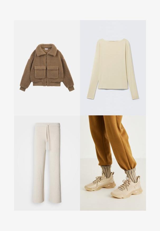 Veste en polaire marron façon ours en peluche avec grandes poches avant, fermeture éclair complète, large col et poignets et ourlet côtelés.; Haut beige à manches longues et cintré avec un col bateau, présenté à plat sur un fond clair.; Pantalons larges beiges en tissu doux, dotés d'une taille élastique avec cordon de serrage et d fentes sur les côtés à l'ourlet.; Chaussures de sport beiges avec tige en mesh, paillettes décoratives et semelle en caoutchouc épaisse. Associées à des chaussettes beiges rayées et un pantalon de jogging marron.