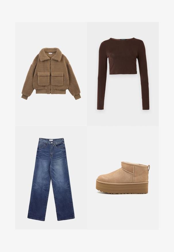 Καφέ fleece μπουφάν teddy με μεγάλες μπροστινές τσέπες, πλήρες φερμουάρ, φαρδιά γιακά και ριμπ μανσέτες και τελείωμα.; Καφέ κοντό τοπ με μακριά μανίκια, φτιαγμένο από απαλό ύφασμα, που διαθέτει στρογγυλή λαιμόκοψη και εφαρμοστή σχεδίαση. Χωρίς ορατά μοτίβα ή διακοσμήσεις.; Τζιν με φαρδύ πόδι σε σκούρο μπλε, με ψηλή μέση, έντονα ξεθωριασμένα σχέδια μπροστά και κλασική σχεδίαση με πέντε τσέπες.; Μπεζ σουέντ μποτάκια μέχρι τον αστράγαλο με πολυτελή εσωτερικό, διαθέτοντας πλατφόρμα και θηλύκι πίσω για εύκολη φόρμα. Υφασμάτινη εξωτερική σόλα από καουτσούκ.