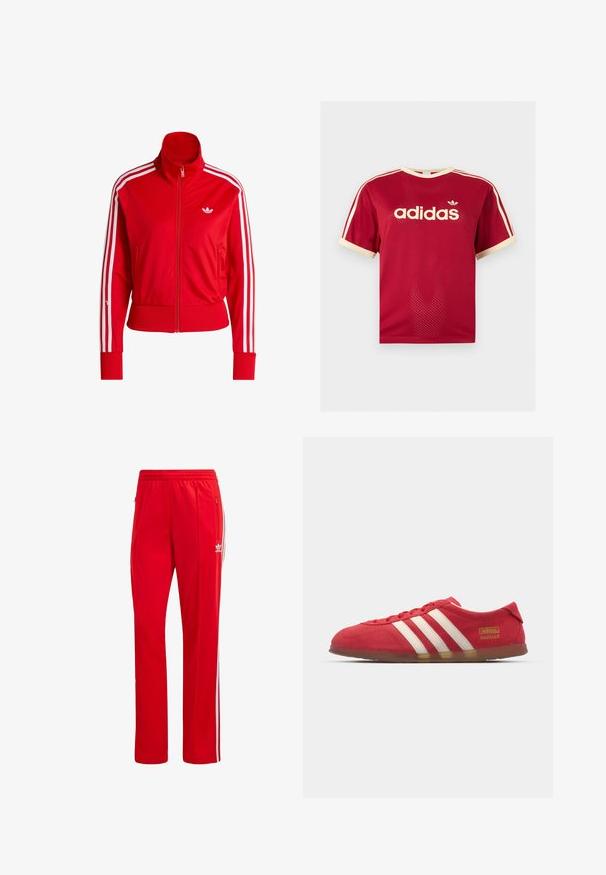 Rode jas met ritssluiting en hoge kraag, wit drie-strepen ontwerp op de mouwen en een klein wit logo op de borst. Glad textuur van de stof.; Rood Adidas mesh t-shirt met beige bies aan de kraag, mouwen en de drie strepen op de schouders, met Adidas-logo en tekst op de voorkant.; Rode sportieve broek van polyester, met witte zijstrepen en een elastische tailleband. Inclusief ritszakken voor opslag.; Rode suède sneakers met wit drie-streepdesign, platte zool en gouden logo-detail. Laag uitgesneden ontwerp met ronde neus en vetersluiting.