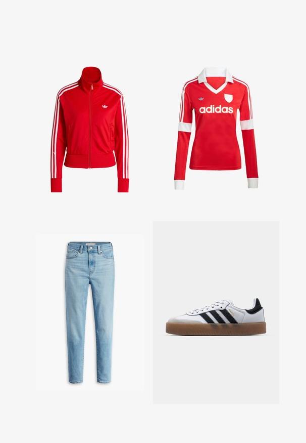 Veste rouge à fermeture éclair avec col montant, design à trois bandes blanches sur les manches, et petit logo blanc sur la poitrine. Texture de tissu lisse.; Maillot de football à manches longues rouge avec un col et des poignets blancs. Présente trois rayures blanches sur les épaules et le logo "adidas" affiché en évidence.; Jean en denim taille haute bleu clair avec poches avant, passants de ceinture, fermeture par bouton et jambes fuselées sur fond blanc.; Baskets en cuir blanc avec des rayures noires, semelle extérieure en caoutchouc beige, bout rond, fermeture lacée et embout en suède gris doux.