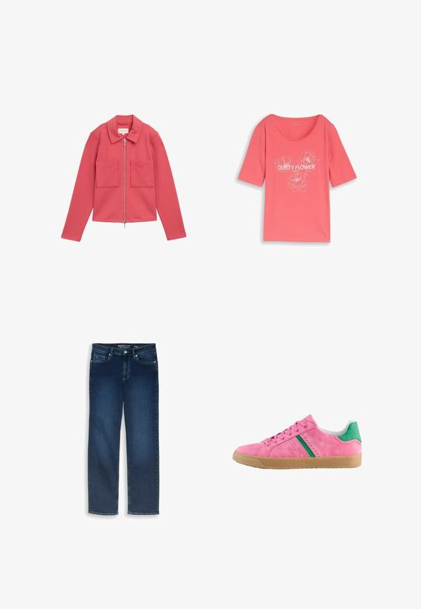 Roze zip-up jack van textiel met een gestructureerde stof, voorzien van een kraag en twee voorzakken.; Koraalroze T-shirt met korte mouwen, ronde hals en witte lijntekeningen van bloemen met de tekst "DUSTY FLOWER" op de voorkant.; Donkerblauwe rechte spijkerbroek met vijf zakken en knoopsluiting, maat 27/32, plat gelegd op een witte achtergrond.; Roze suède sneakers met groene hielaccent en strepen. Heeft een ronde neus, vetersluiting aan de voorkant en een gumrubberen zool. Geperforeerde details aan de zijkanten.