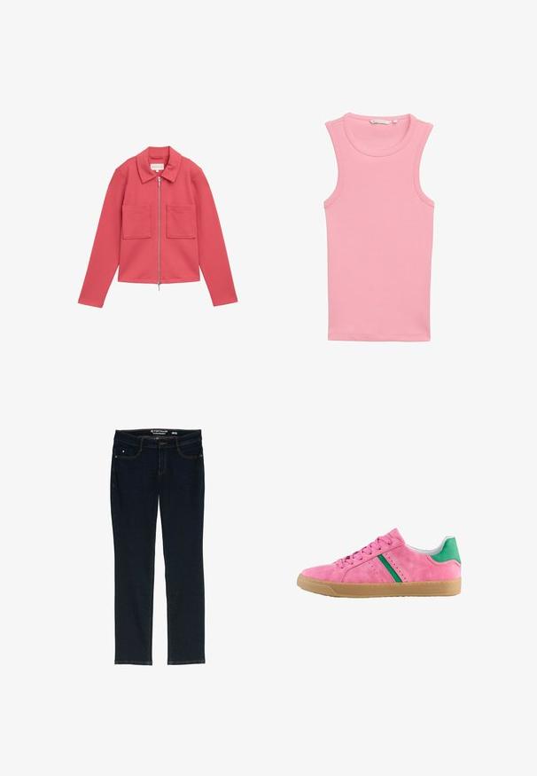 Roze zip-up jack van textiel met een gestructureerde stof, voorzien van een kraag en twee voorzakken.; Roze geribde tanktop met een ronde halslijn en zonder mouwen. Gemaakt van rekbare stof, heeft een rechte zoom en subtiele stikdetails.; Donkerblauwe rechte jeans van denim. Heeft vijf zakken, contrasterend oranje stiksels en een label op de tailleband met de merknaam.; Roze suède sneakers met groene hielaccent en strepen. Heeft een ronde neus, vetersluiting aan de voorkant en een gumrubberen zool. Geperforeerde details aan de zijkanten.