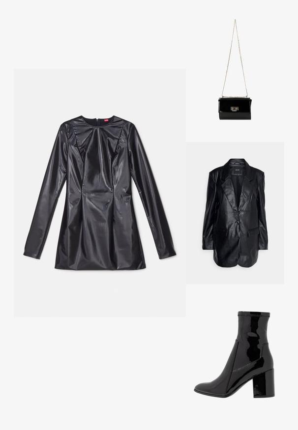 Vero Moda Tall VMOLIVIA - Kurzmantel - black; 032c TRAPEZE TOO TIGHT MINI DRESS - Cocktailkleid/festliches Kleid - black luster; Schwarze, lackierte Knöchelstiefel mit glatter Textur, spitzem Zeh und strukturiertem Blockabsatz. Verfügt über ein reißverschlussfreies Design und kontrastierende Nähte.; Schwarz glänzende Handtasche aus Lackleder mit einem goldenen Kettenriemen, rechteckige Form, mit einem Verschluss mit Klappe und einem metallischen Logo-Akzent.