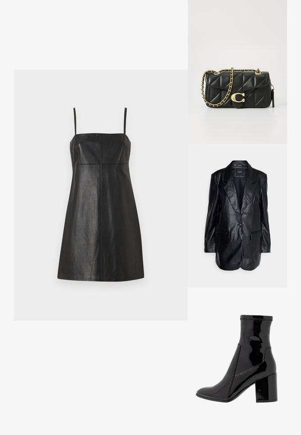 Vero Moda Tall VMOLIVIA - Krátky kabát - black; Čierne kožené šaty s tenkými ramienkami, priliehavým živôtikom a A-čkovým strihom. Obsahujú vertikálne švy pre štruktúru a hladkú textúru.; Čierne lakované členkové čižmy s hladkým povrchom, špicatou špičkou a pevným blokovým opätkom. Disponujú dizajnom bez zipsu a kontrastným prešívaním.; Čierna lesklá kožená kabelka s prešívaním, so zlatým reťazovým popruhom a uzáverom na klip s okrúhlou ozdobou. Kompaktný obdĺžnikový tvar.