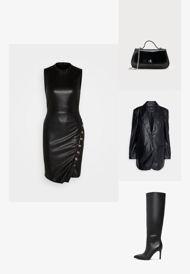 Vero Moda Tall VMOLIVIA - Kurzmantel - black; Schwarzes, ärmelloses Lederkleid mit hohem Kragen, taillierter Silhouette, asymmetrischem Saum und dekorativen Knöpfen entlang der Seitennaht.; Schwarze kniehohe Stöckelschuhstiefel aus Leder mit spitzer Zehenform und glänzender, glatter Oberfläche. Verfügt über einen hohen, schlanken Absatz für eine verlängerte Silhouette.; Schwarze Lederhandtasche mit einer Kettenriemen, strukturierter Form und einem silbernen Logo-Akzent. Glatte Textur mit einem Klappenverschluss.