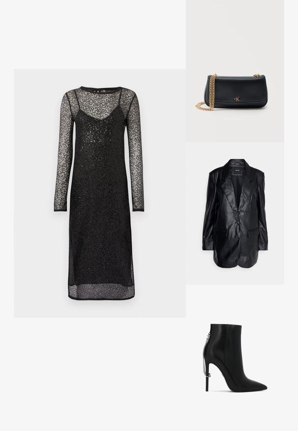 Vero Moda Tall VMOLIVIA - Κοντό παλτό - black; Μαύρο φόρεμα μακρυμάνικο με εφαρμοστό εσωτερικό στρώμα και διαφανή δαντελένια επένδυση. Διαθέτει υφή και διακριτική λάμψη σε όλη την επιφάνεια.; Μαύρο δερμάτινο μποτάκι με ψηλό τακούνι, μυτερή μύτη και ασημένια αλυσίδα που κρέμεται από τη φτέρνα πίσω.; Μαύρη δερμάτινη τσάντα ώμου με χρυσή αλυσίδα και μικρό χρυσό λογότυπο «cK» στο κέντρο της μπροστινής φλιπ, πάνω σε απλό φόντο.