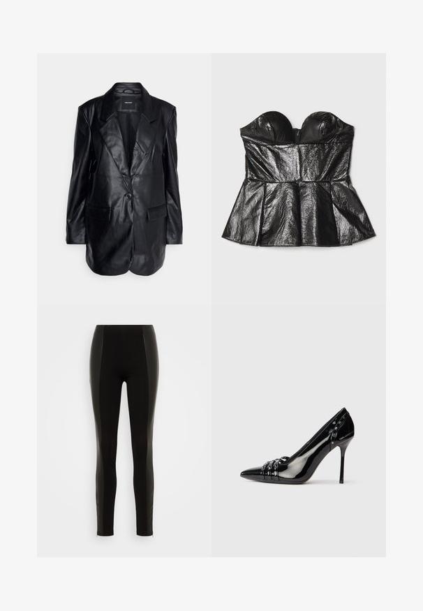 Vero Moda Tall VMOLIVIA - Lühike jakk - black; Sara Battaglia SWEETHEART - Topp - black; Mustad mustretid mustreid, mis on valmistatud veniva materjali tõttu, külgpaneelide detailide ja taskutega, mis on lisafunktsionaalsuse tõttu. ; Mustan patendiga kõrge kontsaga king, terava varbaga, kolme dekoratiivse rihma ja naeltega ning "Karl Lagerfeld" brändimisega kontsal.