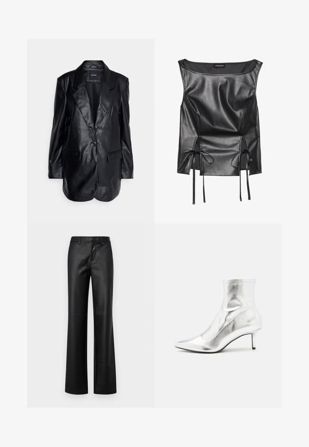 Vero Moda Tall VMOLIVIA - Κοντό παλτό - black; Μαύρο τοπ από τεχνητό δέρμα με στρογγυλή λαιμόκοψη, μα gathered υφή, πλαϊνές σχισμές με σατέν κορδέλες και εφαρμοστή σιλουέτα.; Μαύρο δερμάτινο παντελόνι με φαρδιά γραμμή και λεία υφή, που διαθέτει μπροστινό φερμουάρ, θηλιές ζώνης και ακατέργαστο στρίφωμα.; Ασημί μεταλλική μπότα μέχρι τον αστράγαλο με μυτερή μύτη και λεπτό τακούνι. Διαθέτει εφαρμογή που αγκαλιάζει το πόδι και λείο, γυαλιστερό υλικό. Ραφές στην επάνω πλευρά.