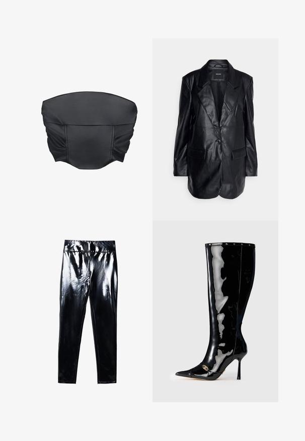 Vero Moda Tall VMOLIVIA - Κοντό παλτό - black; Μαύρο cropped τοπ από ψεύτικη δερματίνη με gathered υφή και δομημένο σχήμα, που διαθέτει λεία επιφάνεια και ελάχιστες ραφές.; Μαύρες κολάν με γυαλιστερή υφή που διαθέτουν λεία επιφάνεια. Ελαστική μέση και εφαρμοστό σχέδιο με κωνική γραμμή ποδιού.; Δερμάτινη μπότες μέχρι το γόνατο σε μαύρο λουστρίνι, με μυτερή μύτη, τακούνι στιλέτο και χρυσές λεπτομέρειες στη μύτη. Λείος, γυαλιστερός υφασμάτινος τόνος.
