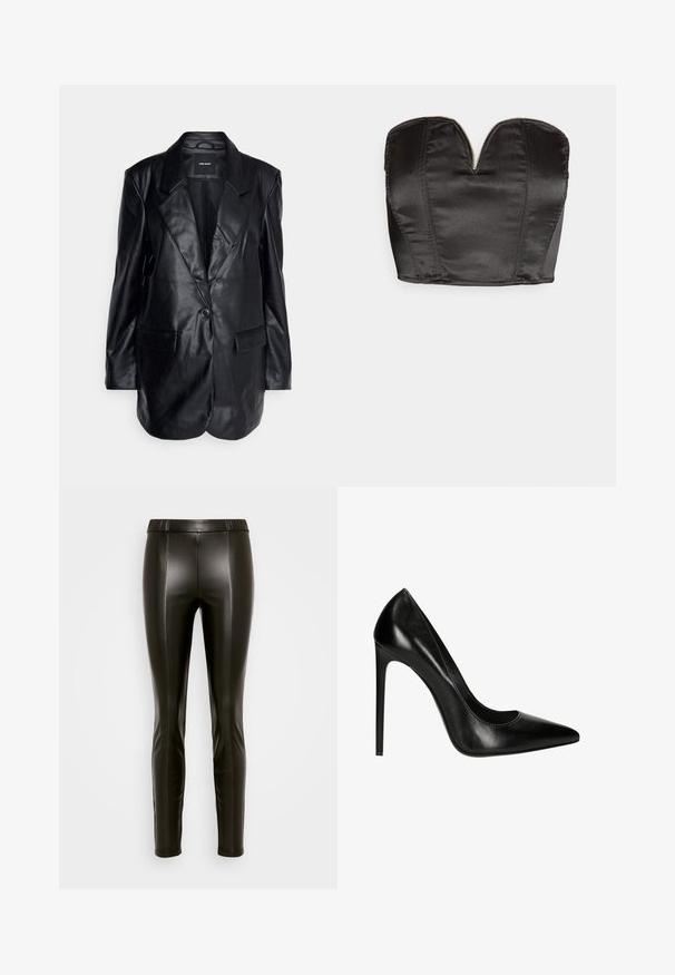 Vero Moda Tall VMOLIVIA - Kurzmantel - black; Vero Moda VMSALLY CROPPED SIMILI CORSAGE - Top - black; Schwarze Leggings aus Kunstleder mit hohem, elastischem Bund, slim Fit und subtilen Nahtdetails an Vorder- und Rückseite.; Schwarze Leder-Pumps mit hohen Absätzen, spitzer Zehenform und glatter Oberfläche. Verfügt über eine elegante Silhouette und einen Stiletto-Absatz.