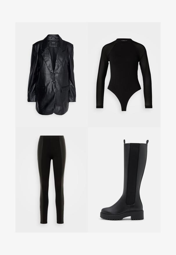 Vero Moda Tall VMOLIVIA - Korte frakker - black; Sort langermet bodysuit med høj hals, fremstillet af solidt stof på torsoen og gennemsigtigt mesh på ærmerne, designet i en tætsiddende form.; Sorte leggings med en tætsiddende design. Lavet af strækbart materiale, med sidelagsdetaljer og lynlåse ved sømmen for ekstra funktionalitet.; Sorte knæhøje støvler med en glat læderoverflade, elastiske sidepaneler og en kraftig struktureret sål for godt greb.