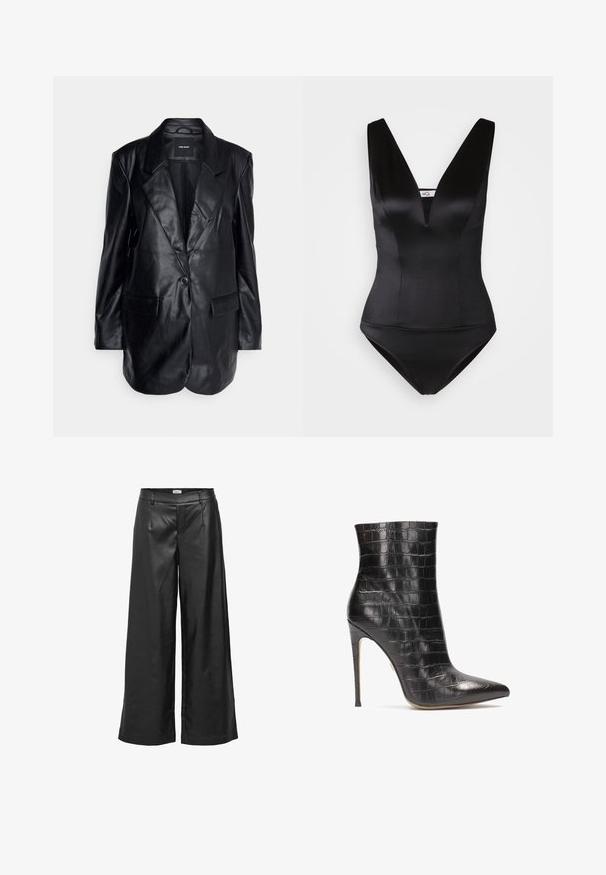 Vero Moda Tall VMOLIVIA - Manteau court - black; Maillot de bain une pièce noir avec un décolleté en V plongeant, finition satinée lisse et design ajusté. Pas de motifs ni d'ornements visibles.; Object Wide-leg ed - Pantalon classique - black; Bottines en cuir noir avec une texture crocodile, bout pointu et un haut talon aiguille, présentant une finition brillante.