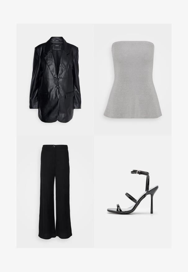 Vero Moda Tall VMOLIVIA - Korte frakker - black; Selected SLFLILI BANDEAU - Top - sleet; Sorte bukser med bred ben, lavet af letvægtsstof, der har en glat tekstur, frontknaplukning og sidelommer.; Sorte patentlæder højhælede sandaler med tre horisontale stropper og en justerbar ankelstrop. Elegant silhuet og skinnende finish.