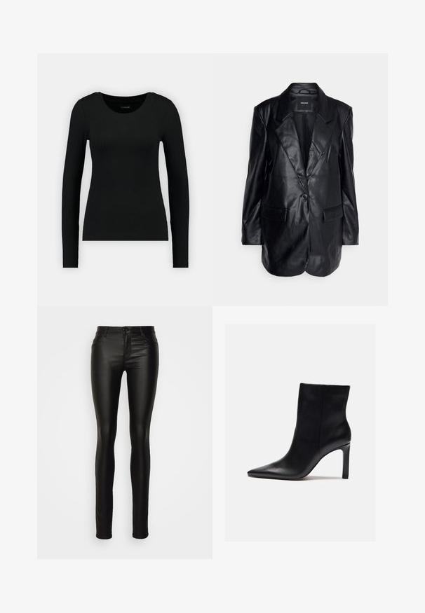 Vero Moda Tall VMOLIVIA - Korte frakker - black; Sort langærmet skjorte lavet af ribbet stof. Har en rund halsudskæring og tætsiddende silhuet. Enkelt design uden mønstre eller accenter.; ONLY Tall ONLHELLA REG - Jeans Skinny Fit - black; Zign by Zalando Højhælede støvletter - black