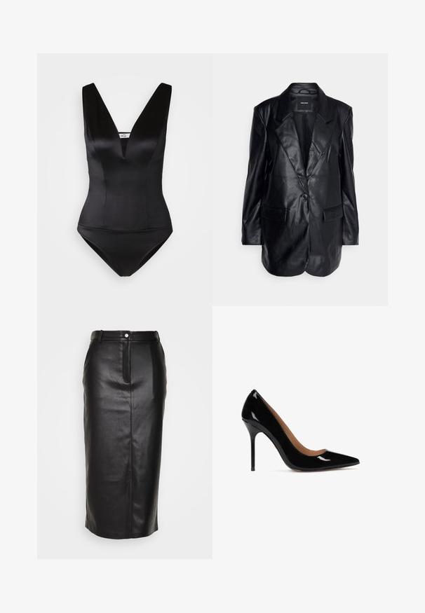 Vero Moda Tall VMOLIVIA - Κοντό παλτό - black; Μαύρο ολόσωμο μαγιό με βαθύ V-λαιμό, κομψή σατινέ υφή και εφαρμοστή σχεδίαση. Χωρίς ορατά μοτίβα ή διακοσμητικά στοιχεία.; Μαύρη δερμάτινη φούστα μολύβι με μπροστινή σχισμή, ψηλή μέση και κλείσιμο με μονό κουμπί. Απαλή, γυαλιστερή υφή με ελάχιστες λεπτομέρειες.; Μαύρη πατεντέ δερμάτινη γόβα με μυτερή μύτη και κομψή σιλουέτα. Διαθέτει τακούνι στιλέτο και λείο εσωτερικό φόρεμα.
