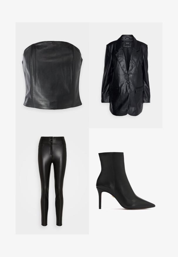 Vero Moda Tall VMOLIVIA - Κοντό παλτό - black; Μαύρο δερμάτινο τοπ χωρίς τιράντες με εφαρμοστή σχεδίαση, ομαλή υφή και διακριτές ραφές κατά μήκος του σώματος για μια κομψή εμφάνιση.; ONLY ONLHEIDI - Παντελόνι - black; Μαύρη δερμάτινη μπότα μέχρι τον αστράγαλο με μυτερή μύτη, ψηλή στιλέτο τακούνι και λεία υφή. Ραφές διατρέχουν τη πλάτη.