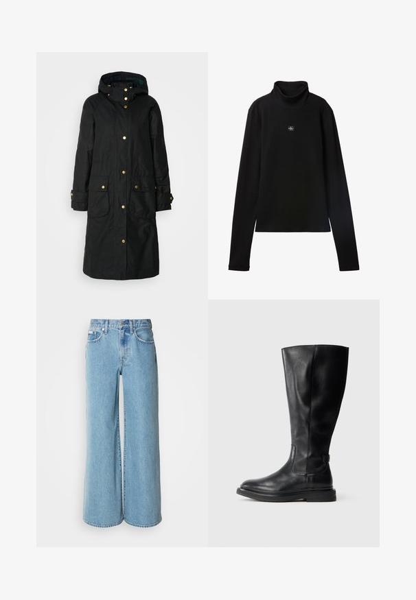 Manteau noir imperméable avec une capuche, boutons pression dorés, deux poches avant et un tissu légèrement texturé pour la chaleur et la durabilité.; Haut noir à col roulé côtelé à manches longues avec petit patch carré du logo Calvin Klein centré sur la poitrine.; Jean large bleu clair en denim, avec une taille haute, un design à cinq poches et un léger dégradé sur le tissu.; Botte noire en cuir, montant jusqu'au genou, avec un bout rond, un-dessus légèrement texturé et une semelle en caoutchouc. Équipée d'un panneau latéral pour un enfilage facile.