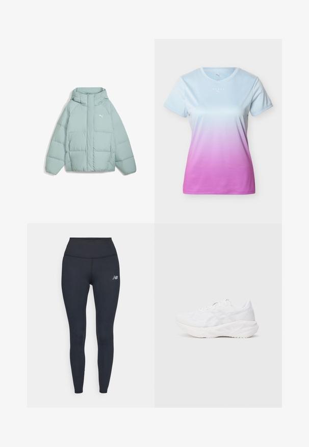 Chaqueta acolchada de color teal claro con capucha, grandes bolsillos frontales y cierre de cremallera. Presenta paneles cosidos y un pequeño logo blanco en el pecho.; Camiseta deportiva de manga corta para mujer con degradado de azul claro a rosa, cuello redondo y pequeños logotipos blancos de "HYROX" y Puma en el pecho.; Leggings negros de talle alto hechos de material elástico, con un diseño elegante y un pequeño logo reflectante en el muslo.; Zapatilla deportiva blanca con parte superior de malla transpirable y suela acolchada, que presenta un patrón texturizado y acentos de diseño minimalista.
