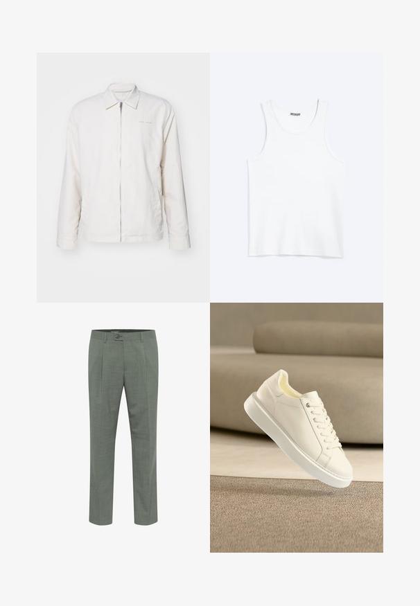 Weiße Zip-Jacke aus weichem Stoff. Sie hat einen spitzen Kragen, lange Ärmel und dezente Markenlogos auf der Brust.; Weißes ärmelloses Tanktop mit rundem Ausschnitt und Weekday-Markenetikett auf der Innenseite des hinteren Kragens, flach auf hellem Hintergrund dargestellt.; Maßgeschneiderte grüne Hosen mit strukturierter Oberfläche, ausgestattet mit einem einzelnen Knopfverschluss und einem gefältelten Vorderdesign. Gerader Beinabschluss.; Weißer Ledersneaker mit Schnürsenkeln, der über einem teppichbedeckten Boden schwebt, beige Couch im Hintergrund, Innenraum.
