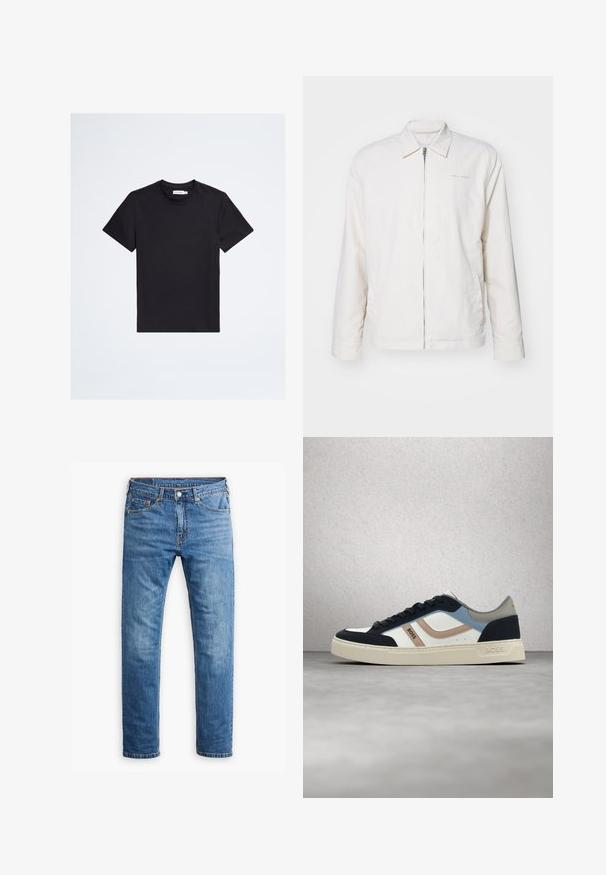 Hvid zip-up jakke lavet af blødt stof. Har en spids krave, lange ærmer og subtil branding på brystet.; Sort t-shirt med korte ærmer og rund hals med lille tonalt logo på venstre bryst og hvid mærkeetiket inde i kraven.; Lyseblå denimjeans med lige ben, fem lommer og klassisk knappelukning samt lynlås. Subtil slidt tekstur.; Hvid, navy, blå og tan BOSS-sneaker med sorte snørebånd, svævende over en poleret betongulv nær en glasblokvæg.