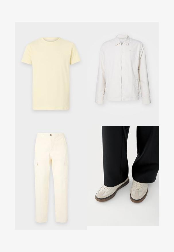 Veste à zip blanche en tissu doux. Elle dispose d'un col pointu, de manches longues et d'un logo discret sur la poitrine.; T-shirt en coton jaune clair à manches courtes et col rond ; présente un petit logo blanc sur le haut à gauche de la poitrine.; Pantalons cargo jaune clair en coton, avec poches latérales et une coupe droite, dotés d'une fermeture à bouton à la taille.; Pieds portant des baskets beige avec des semelles marron et un pantalon noir à jambes larges sur fond blanc.