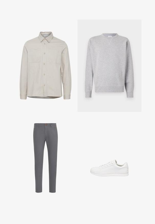 Beige shirt met lange mouwen en een kraag, voorzien van twee borstzakken, knopen aan de voorkant en een rechte zoom. Gemaakt van een gladde stof.; Grijze sweatshirt van zacht materiaal, met een ronde hals, lange mouwen, geribbelde manchetten en een rechte zoom. Geen zichtbare patronen of grafische elementen.; Grijze katoenen broek met een aansluitend ontwerp, voorzien van een knoopsluiting, standaardzakken en een gladde textuur.; Lage witte sneaker met vetersluiting, glad leren bovenwerk, gevoerde kraag en dikke rubberen zool, zijaanzicht op witte achtergrond.