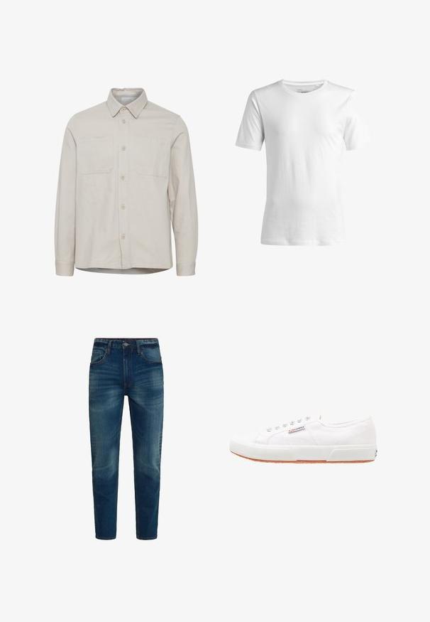 Camisa beige de manga larga con cuello de solapa, dos bolsillos en el pecho, botones delanteros y bajo recto. Hecha de una tela suave.; Camiseta blanca de manga corta hecha de algodón, con un corte regular y un escote redondo. Textura suave, sin patrones ni detalles visibles.; Vaqueros de mezclilla azul con corte recto, cierre frontal con botón y cremallera, y cinco bolsillos, mostrados sobre un fondo blanco liso.; Zapatillas de lona blancas con suela de goma, diseño de cordones y una pequeña etiqueta con el logo en el lateral. Parte superior texturizada blanca y suela marrón.
