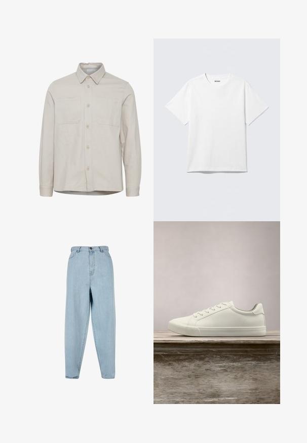 Chemise beige à manches longues avec col, deux poches poitrine, boutons à l'avant et ourlet droit. Fabriquée dans un tissu lisse.; T-shirt blanc à manches courtes et col rond, étalé à plat, design uni, avec l'étiquette "WEEKDAY" à l'intérieur du col sur un fond clair.; Jean taille haute bleu clair avec une coupe décontractée. Comprend un bouton sur le devant, une fermeture éclair et un design à cinq poches. Texture du tissu légèrement délavée.; Sneaker en dentelle blanche flottant au-dessus d'un banc en bois avec un feuillage vert en arrière-plan, mettant en valeur le design et la texture de la chaussure.