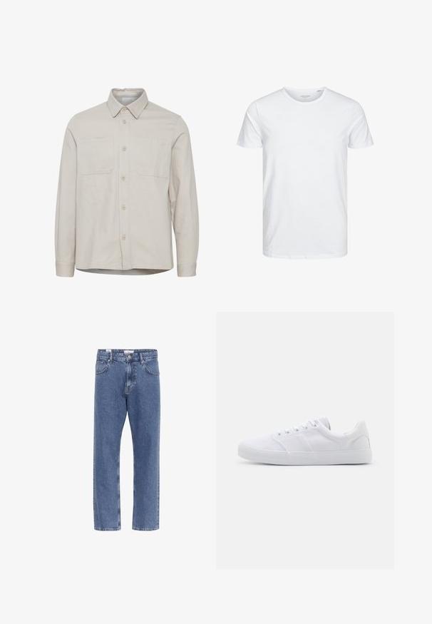 Beiges langärmliges Hemd mit Kragen, zwei Brusttaschen, vorderen Knöpfen und geradem Saum. Hergestellt aus einem glatten Stoff.; Rundhals-T-Shirt mit kurzen Ärmeln in reinem Weiß, aus weicher Baumwolle, mit einem schlichten Design ohne sichtbare Muster oder Akzente.; Hellblaue Jeans aus Denim mit geradem Bein, fünf Taschen und einem Bund mit einem Etikett. Glatte Textur mit klassischer Naht.; Weiße Leinenschuhe mit Gummisohle, ausgestattet mit sechs Ösen, einer strukturierten Zehenkappe und minimalistischer Gestaltung.