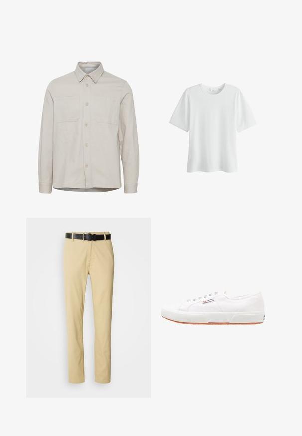 Beiges langärmliges Hemd mit Kragen, zwei Brusttaschen, vorderen Knöpfen und geradem Saum. Hergestellt aus einem glatten Stoff.; Schlichtes weißes T-Shirt mit kurzem Arm und Rundhalsausschnitt, Größe M, vor weißem Hintergrund dargestellt.; Beige Baumwollhosen mit geradem Schnitt, gesichert durch einen schwarzen Ledergürtel mit einer silbernen Schnalle.; Weiße Leinensneaker mit Gummisohle, Schnürdesign und einem kleinen Logolabel an der Seite. Strukturierte weiße Oberseite und braune Außensohle.